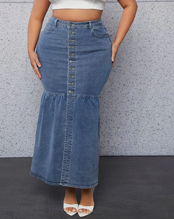 Plus High Waist Button Fly Mermaid Hem Denim Skirt