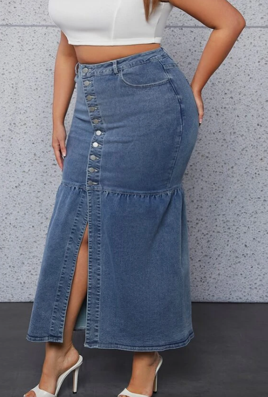 Plus High Waist Button Fly Mermaid Hem Denim Skirt